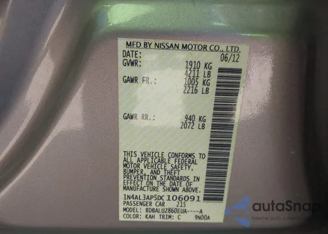 2013 Nissan Altima 2.5 Sv z USA, uszkodzony, nr VIN 1N4AL3AP5DC106091